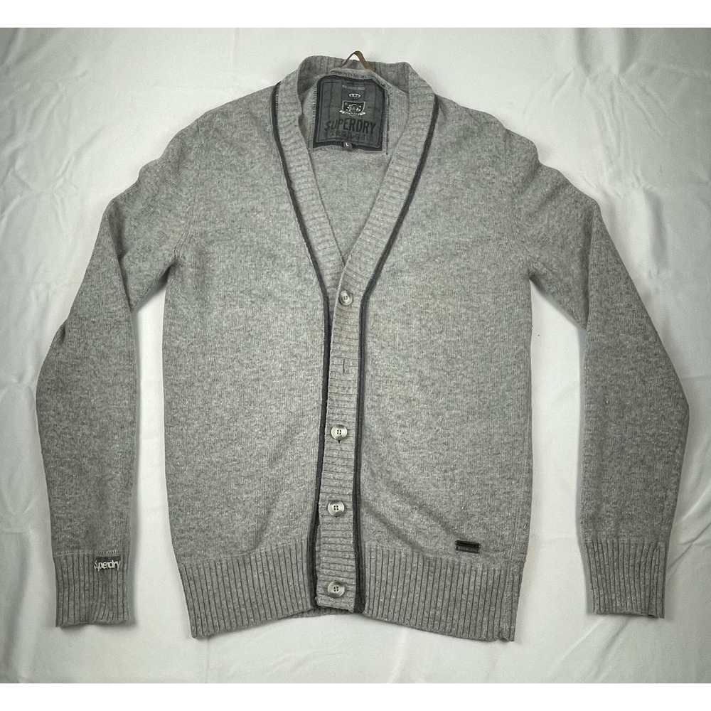 SUPERDRY MENS LARGE GREY WOOL‎ BLEND CARDIGAN SWETTER BUTTON FRONT RIBBED TRIM